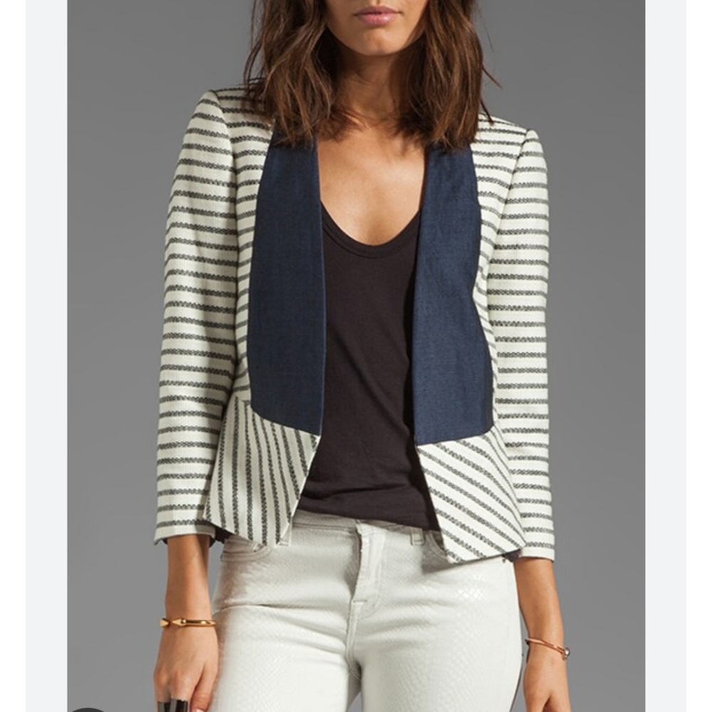 by Marlene Birger Etioloa Open Front Blazer Sz S Stripes Black Cream Blue